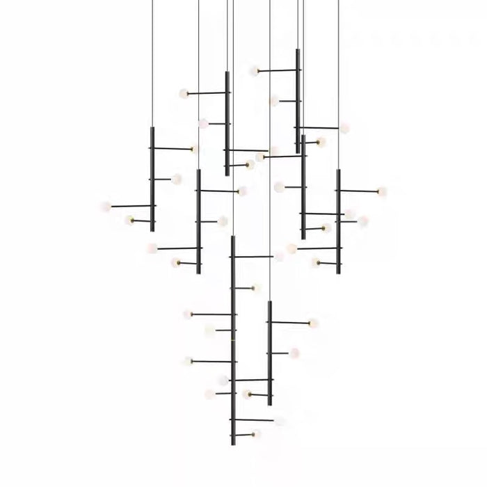 Modern Sculptural Linear Branch Opal Glass Sphere Staircase Chandelier