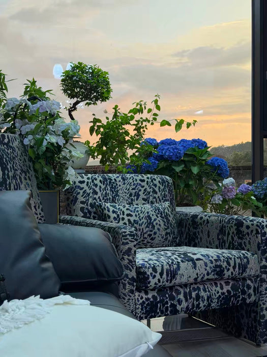Mid‑Century Midnight Blue Leopard Block Accent Chair