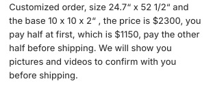 Customized Statue: size 24.7" x 52 1/2" and the base 10 x 10 x 2" (Total price $2300, pay half first, pay the other half before shipping)