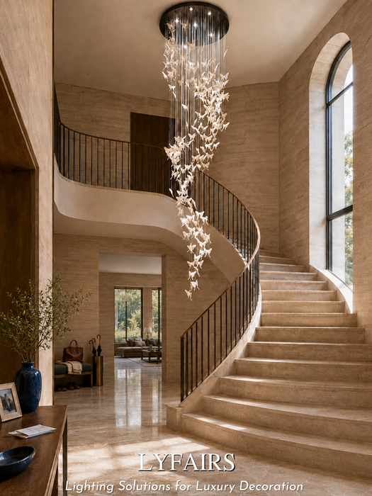 Modern Spiral Ceramic Butterfly Staircase Chandelier Ceiling Light Fixture for High Ceiling/Staircase/Entryway
