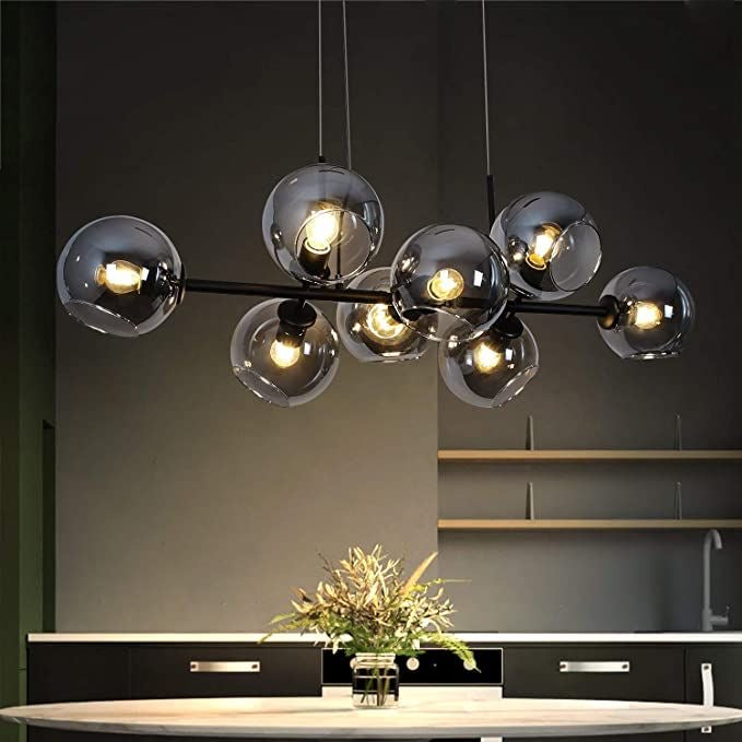 Modern Linear Smoky Gray Glass Globe Shade Chandelier for Dining Room/Kitchen Island