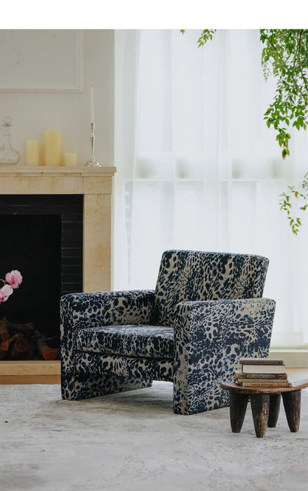 Mid‑Century Midnight Blue Leopard Block Accent Chair