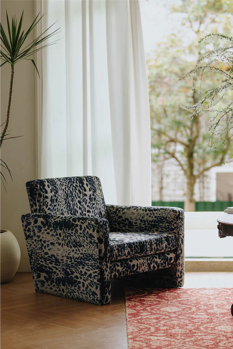 Mid‑Century Midnight Blue Leopard Block Accent Chair