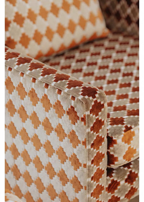 Retro Geometric Clover Amber Hush Cut‑Velvet Accent Armchair