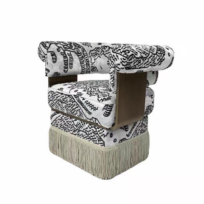 Vintage Designer Tiger‑Mountain Motif Fringe Armchair