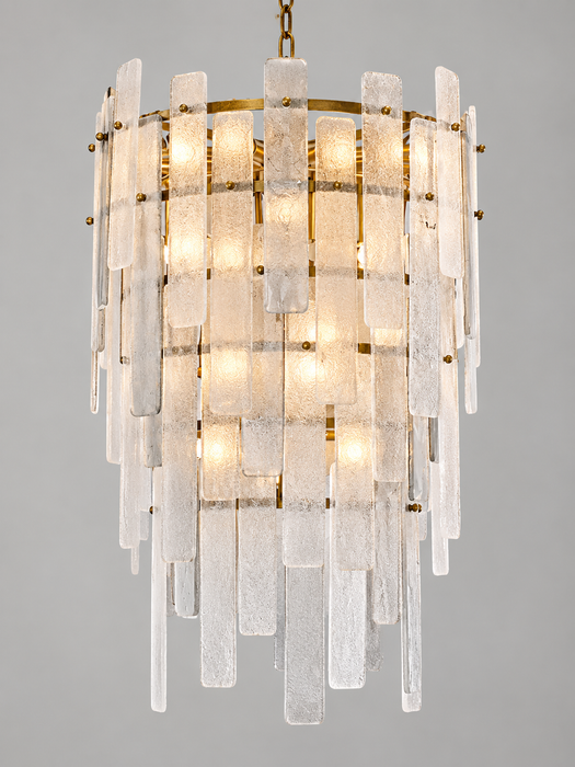 Modern Handcrafted Tiered Round Textured Slab Glass Antique Brass Chandelier