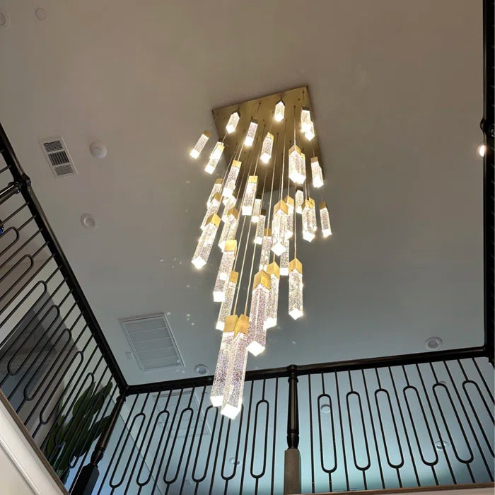 Lámpara de araña de cristal de burbujas de glaciar de lujo ligero en acabado dorado/cromado/negro para escalera/vestíbulo