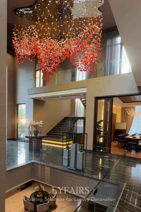 Modern Cascading Red Glazed Glass Stone Art Chandelier for Mansion/ Hotel Lobby/Luxury Hall