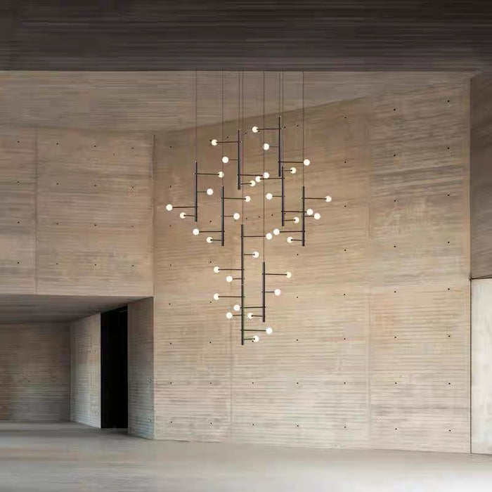 Modern Sculptural Linear Branch Opal Glass Sphere Staircase Chandelier
