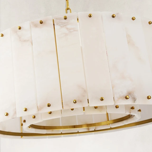 Modern Organic Slatted Drum Alabaster Chandelier