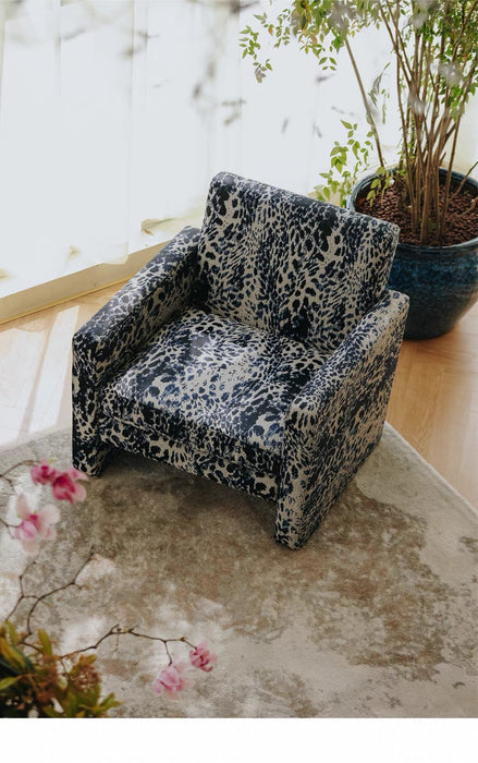 Mid‑Century Midnight Blue Leopard Block Accent Chair