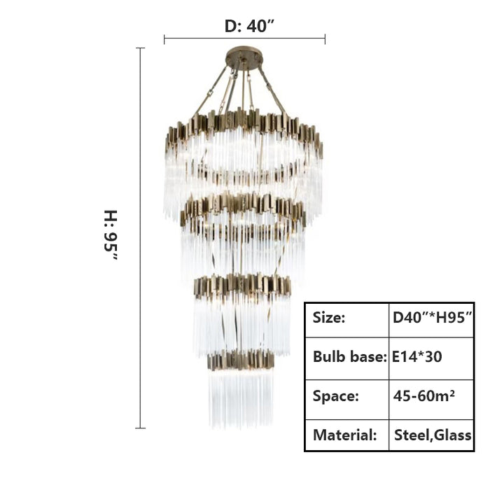 D40"*H95"Large Elegant Multi-layers Glam Glass Metal Edging Chandelier for High-ceiling Staircase/Entryway/Living/meeting Room