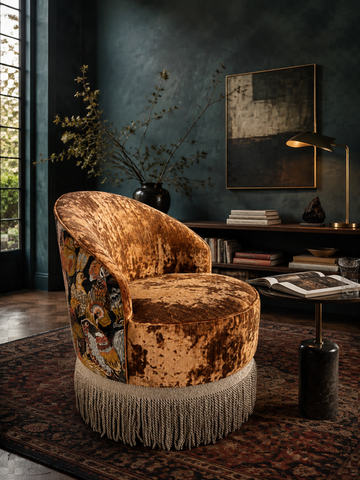 Vintage Aviary Motif Cut‑Velvet Swivel Barrel Tassel Fringe Accent Chair
