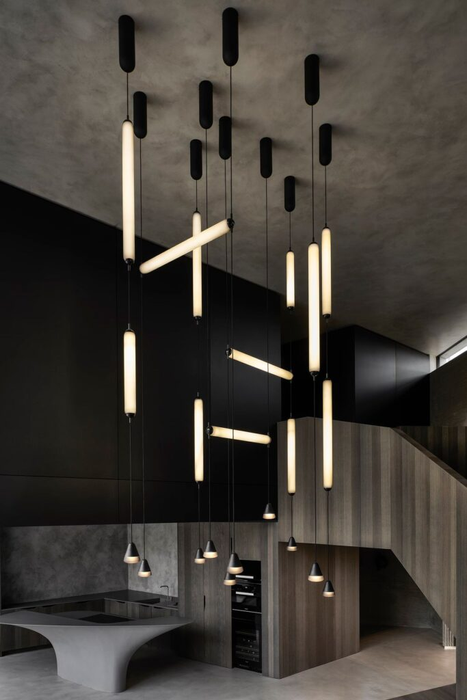 Modern Sculptural Staggered Multi‑Orientation Tubular Atrium Pendant Light