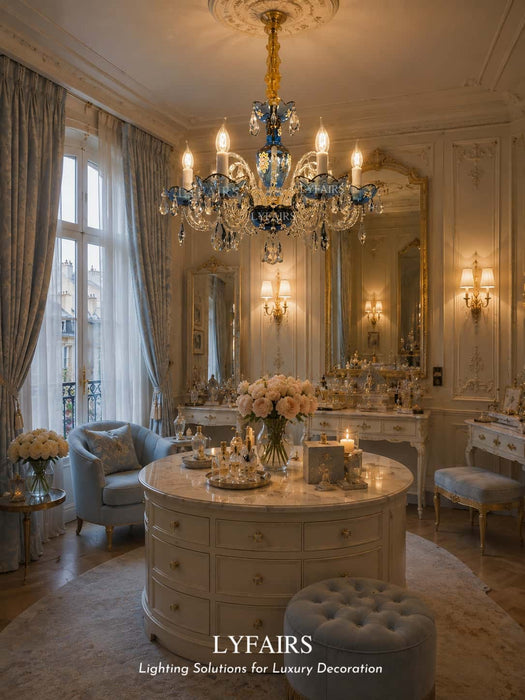 Lampadario di design francese romantico in cristallo blu, lampadario di arte moderna con ramo di candela per camera da letto/soggiorno/sala da pranzo