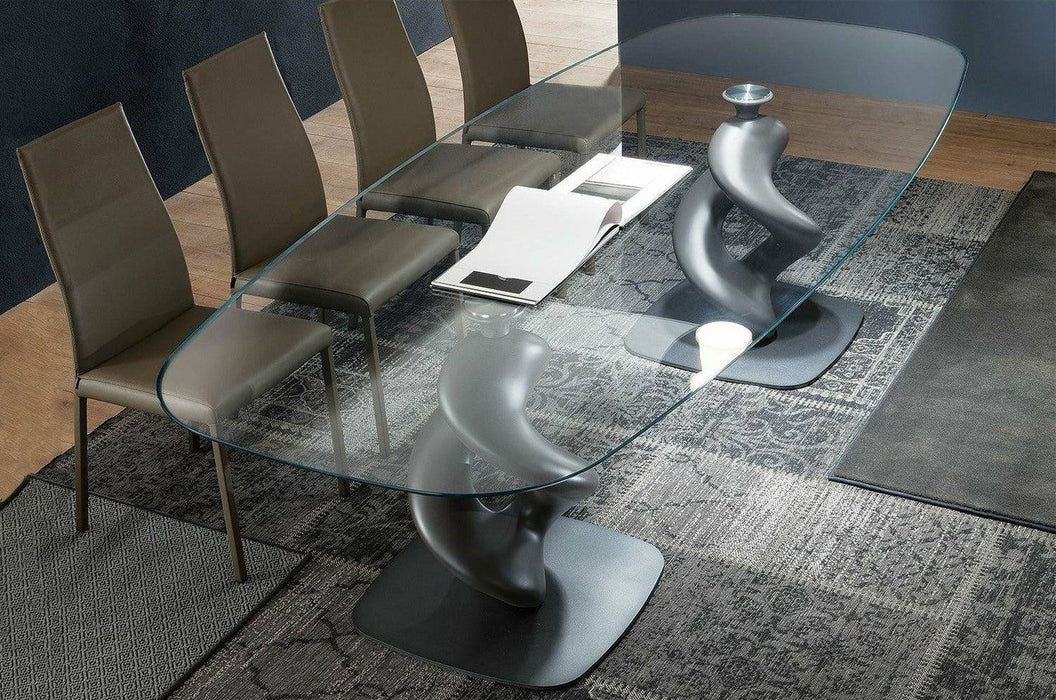Barrel-shaped Top Dining Table With Swirling Double-pedestal Base
