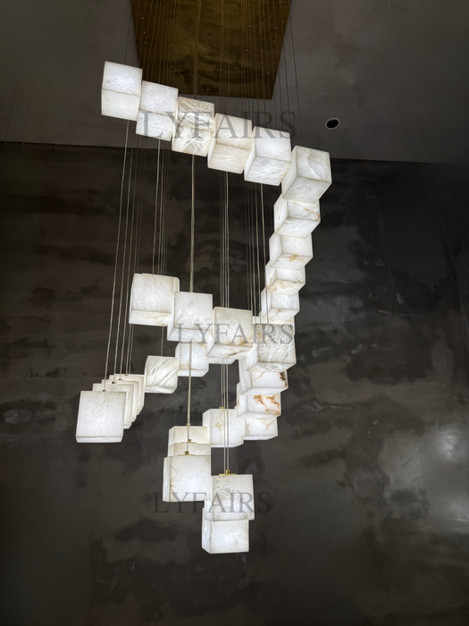 Contemporary Floating Alabaster Cube Chandelier for High Ceilings