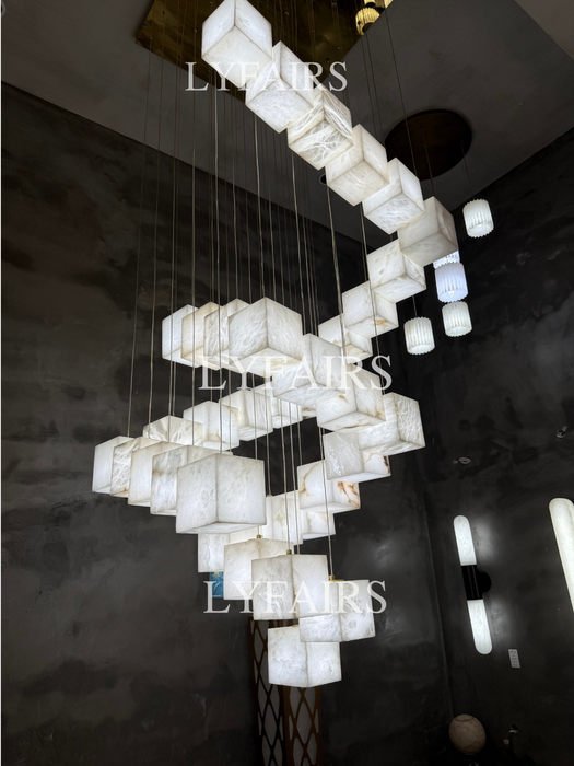 Contemporary Floating Alabaster Cube Chandelier for High Ceilings
