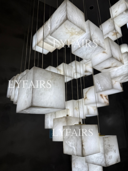 Contemporary Floating Alabaster Cube Chandelier for High Ceilings