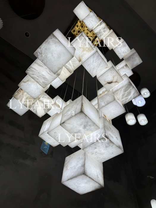 Contemporary Floating Alabaster Cube Chandelier for High Ceilings