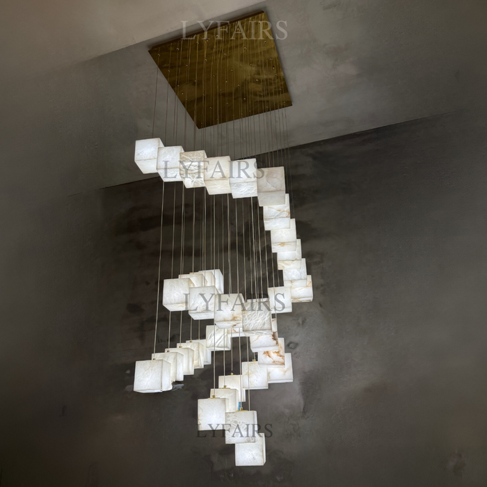 Contemporary Floating Alabaster Cube Chandelier for High Ceilings