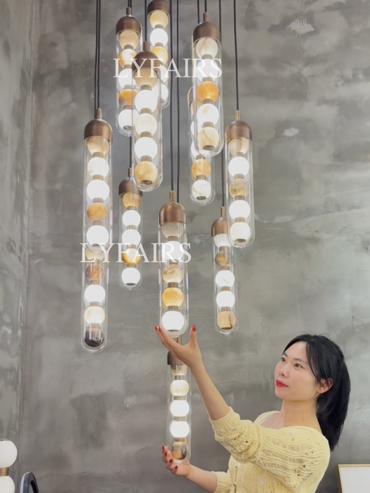 Contemporary Layered Alabaster Glass Tube Cluster Chandelier