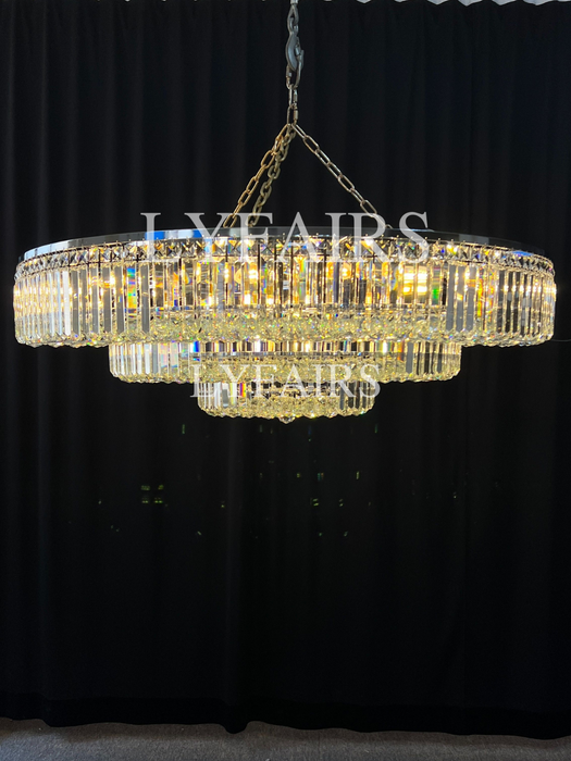 Lámpara de araña extra grande con varillas de cristal de montaje empotrado redondo de varios niveles para sala de estar