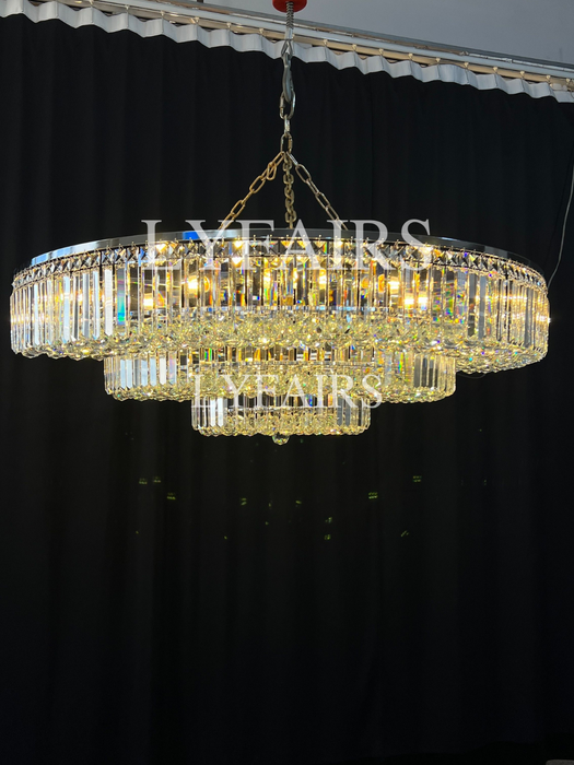 Lámpara de araña extra grande con varillas de cristal de montaje empotrado redondo de varios niveles para sala de estar