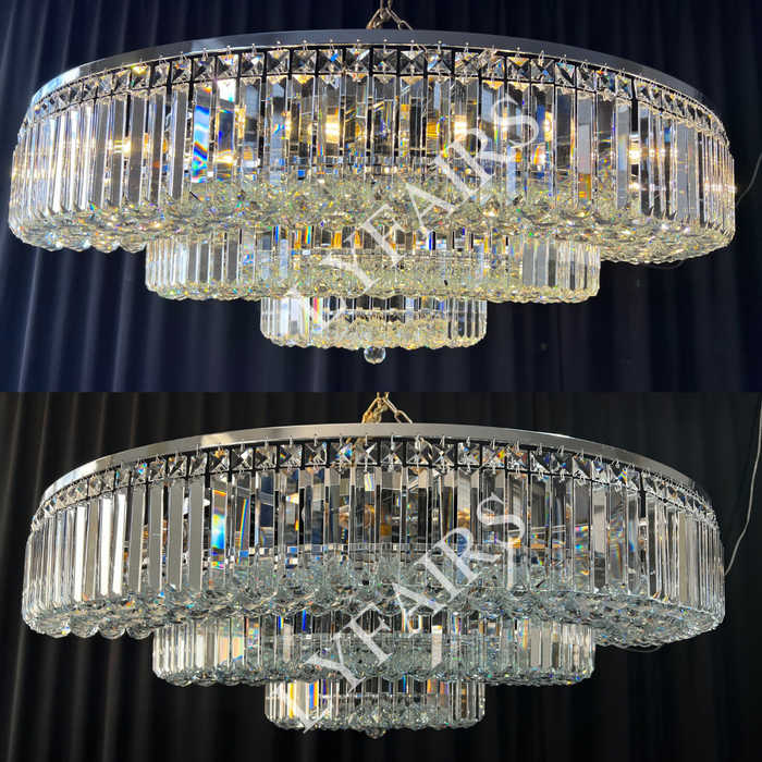 Lámpara de araña extra grande con varillas de cristal de montaje empotrado redondo de varios niveles para sala de estar