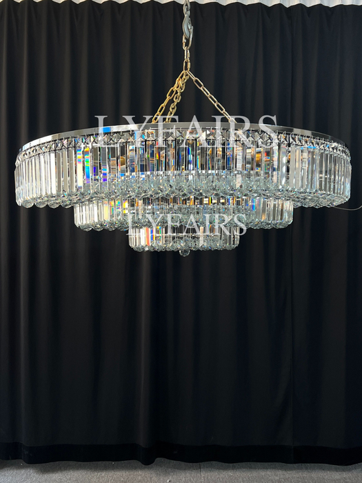 Lámpara de araña extra grande con varillas de cristal de montaje empotrado redondo de varios niveles para sala de estar