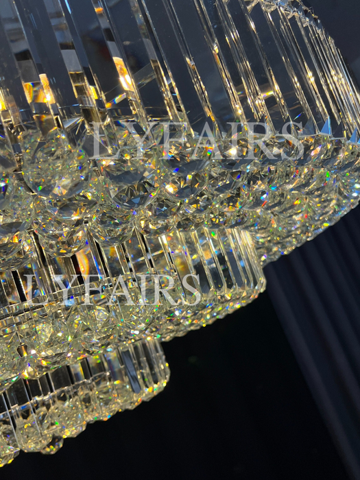 Lámpara de araña extra grande con varillas de cristal de montaje empotrado redondo de varios niveles para sala de estar