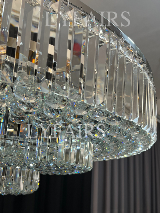 Lámpara de araña extra grande con varillas de cristal de montaje empotrado redondo de varios niveles para sala de estar