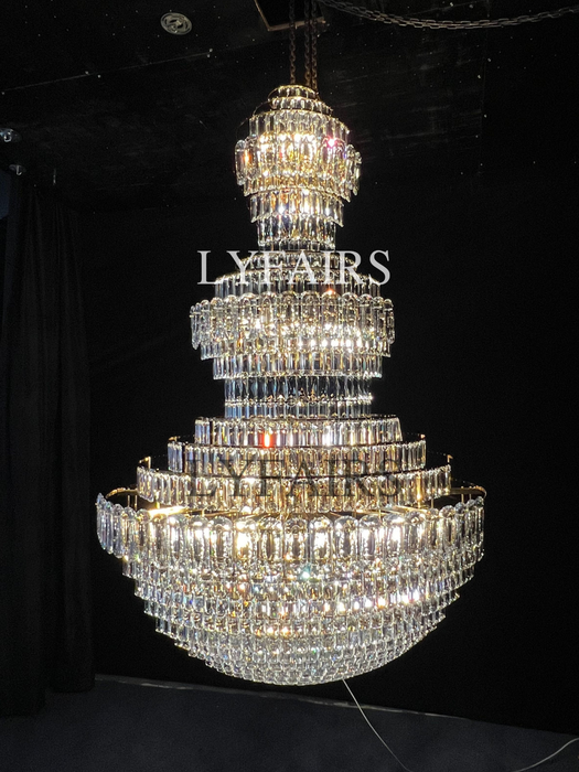 Golden Era Grand Cascade Fountain Clear Crystal Chandelier for High-ceiling