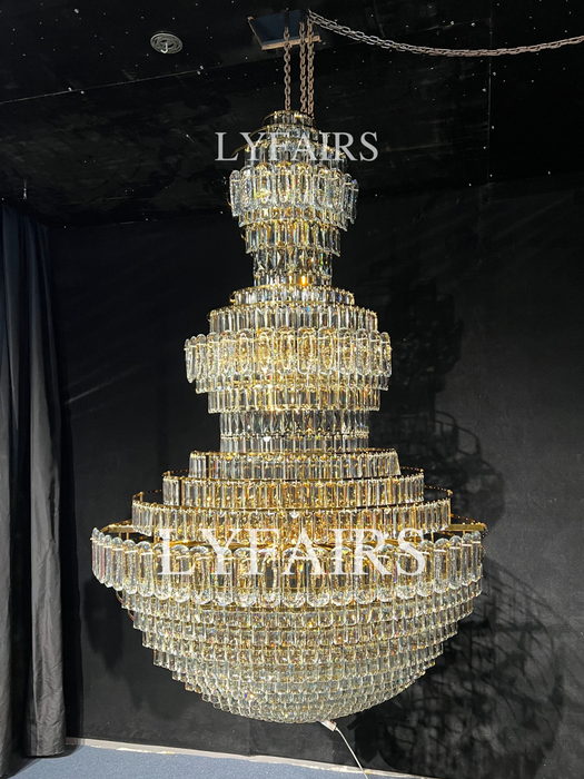 Golden Era Grand Cascade Fountain Clear Crystal Chandelier for High-ceiling