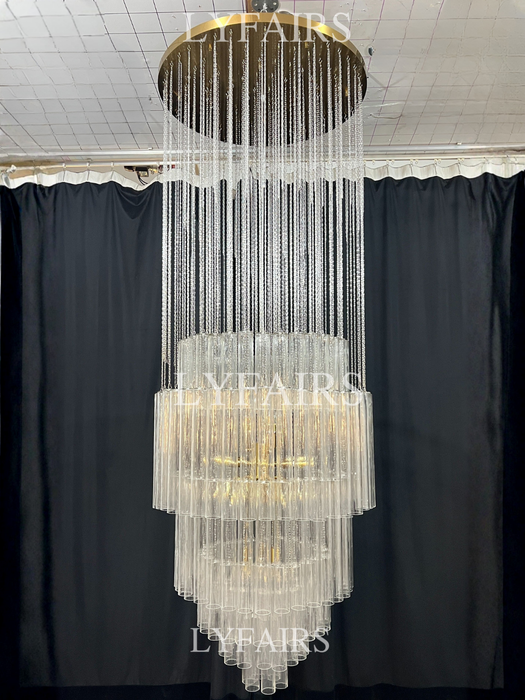 Luxury Floating Cascade Clear Glass Tube Chandelier for High Ceilings