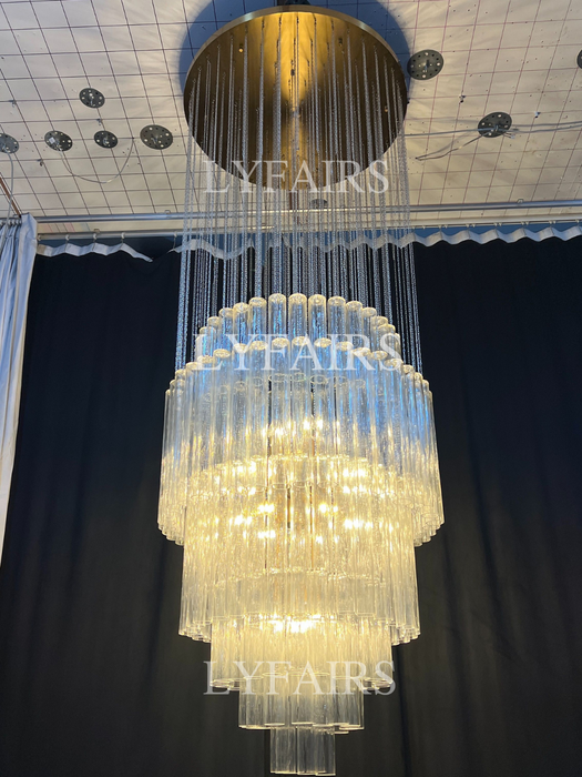 Luxury Floating Cascade Clear Glass Tube Chandelier for High Ceilings