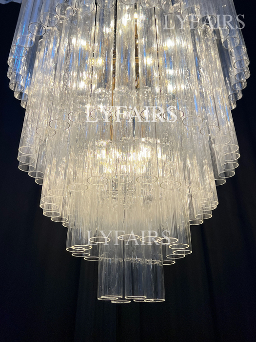 Luxury Floating Cascade Clear Glass Tube Chandelier for High Ceilings
