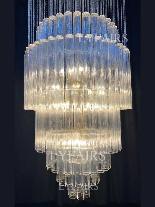 Luxury Floating Cascade Clear Glass Tube Chandelier for High Ceilings