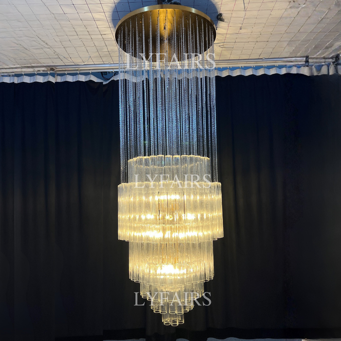 Luxury Floating Cascade Clear Glass Tube Chandelier for High Ceilings