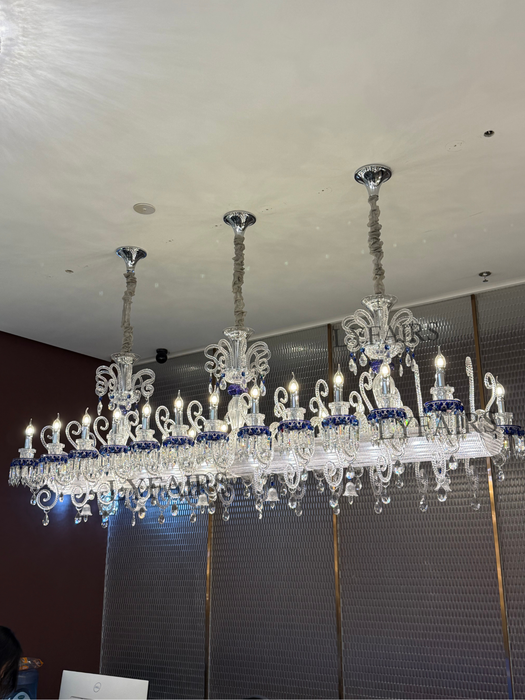 Luxury French Palace–Style Blue & Clear Crystal Rectangular Chandelier for Dining Spaces