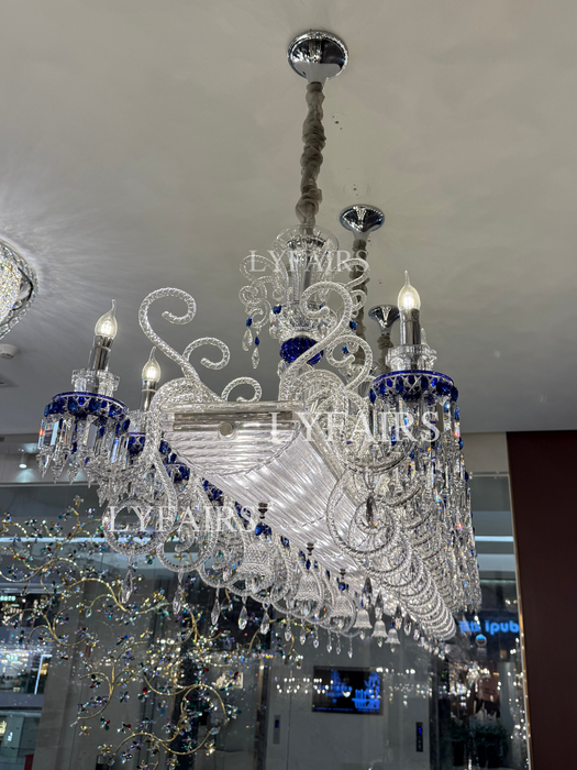 Luxury French Palace–Style Blue & Clear Crystal Rectangular Chandelier for Dining Spaces