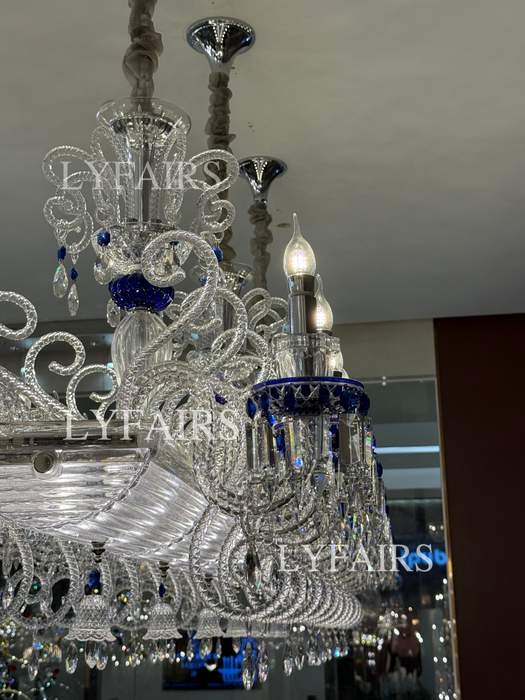 Luxury French Palace–Style Blue & Clear Crystal Rectangular Chandelier for Dining Spaces