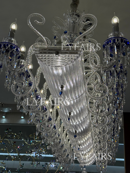 Luxury French Palace–Style Blue & Clear Crystal Rectangular Chandelier for Dining Spaces