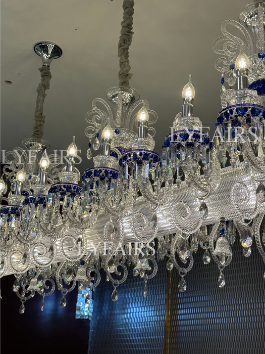 Luxury French Palace–Style Blue & Clear Crystal Rectangular Chandelier for Dining Spaces