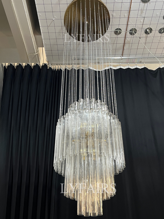 Luxury Floating Cascade Clear Glass Tube Chandelier for High Ceilings