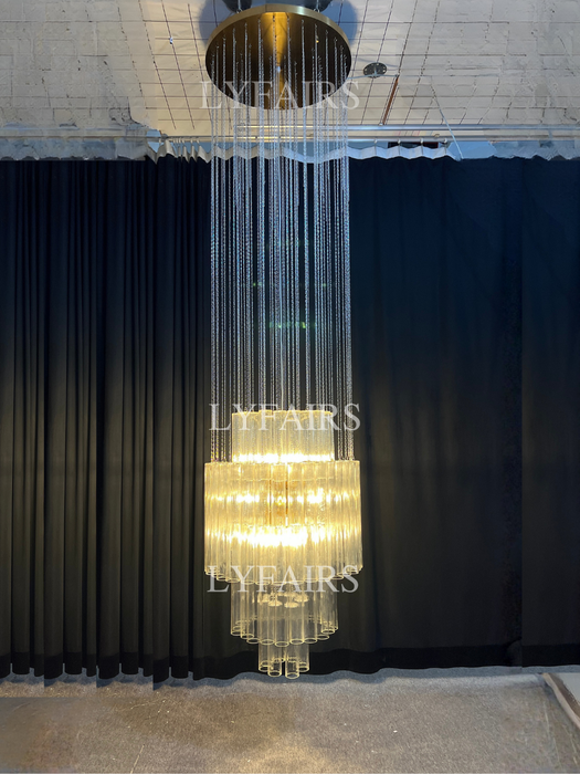 Luxury Floating Cascade Clear Glass Tube Chandelier for High Ceilings