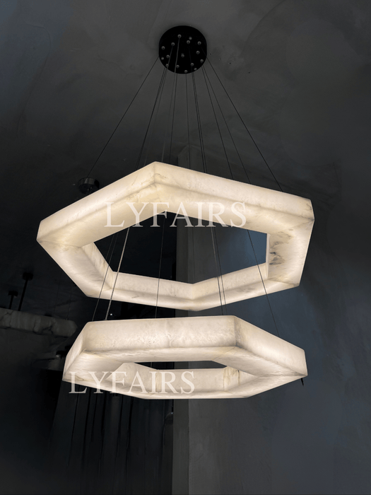 Minimalist Dual-Tier Hexagonal Alabaster Chandelier
