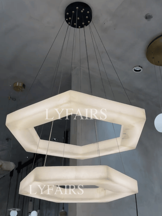 Minimalist Dual-Tier Hexagonal Alabaster Chandelier