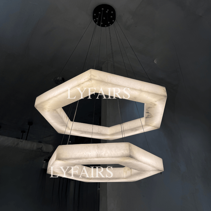 Minimalist Dual-Tier Hexagonal Alabaster Chandelier