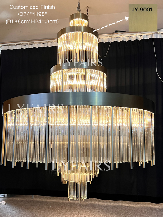 Modern Multi-layered Glass&Metal Rods Chandelier for High-ceiling